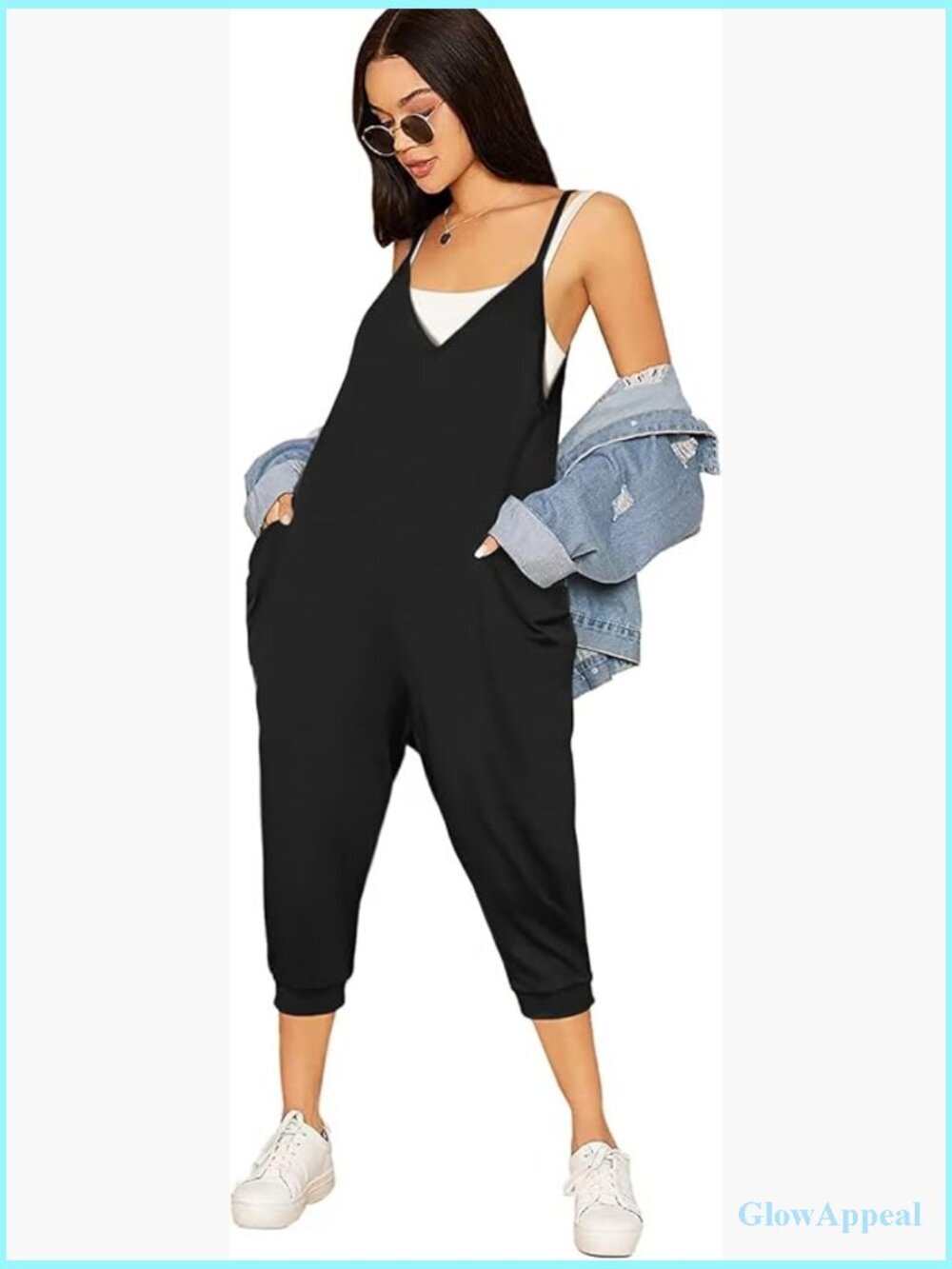 Spaghetti Strap Jumpsuit Summer Casual Sleeveless V Neck Adjustable with Pockets